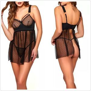 iCollection Roma Swiss Dot Stretch Mesh Babydoll Lingerie sz S